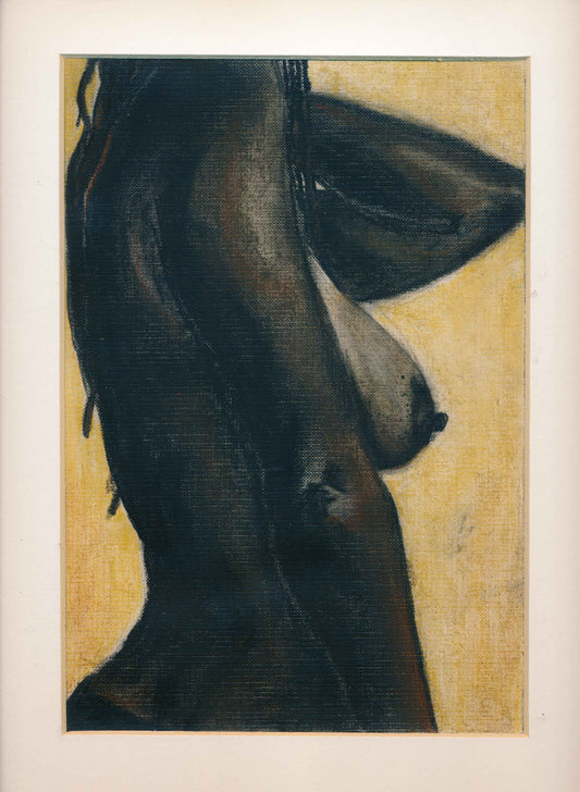 This image displays a piece titled "Female Study 1 (original)", created with charcoal on pastel paper. The artwork, measuring 9x12 inches with a matting of 11x14 inches, portrays a subtle and expressive sketch of a female figure.