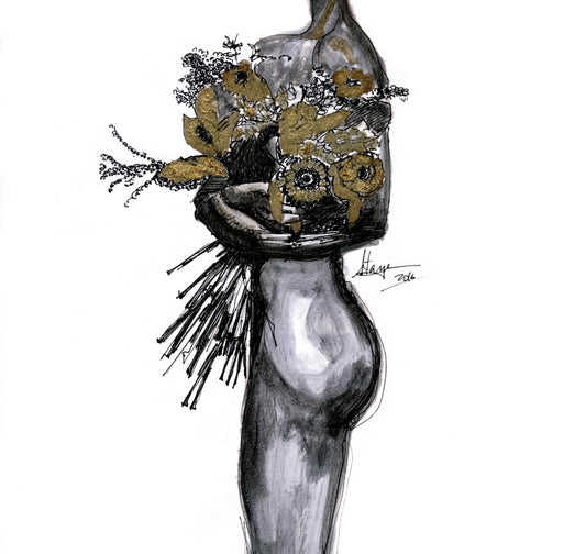 Female with Gold Bouquet art print by Staysean Daley — feminine figure wall art, gold ink illustration on archival paper, limited edition