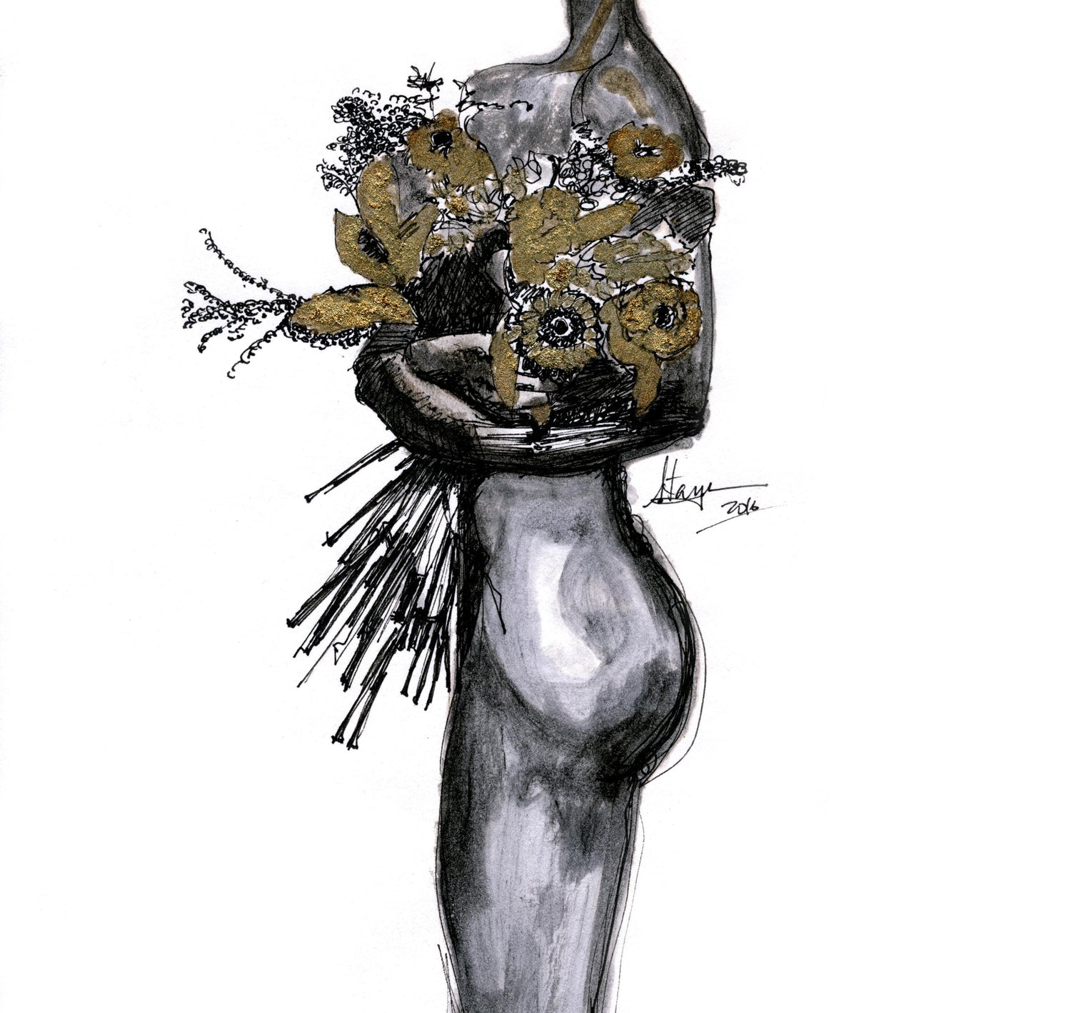 Female with Gold Bouquet art print by Staysean Daley — feminine figure wall art, gold ink illustration on archival paper, limited edition